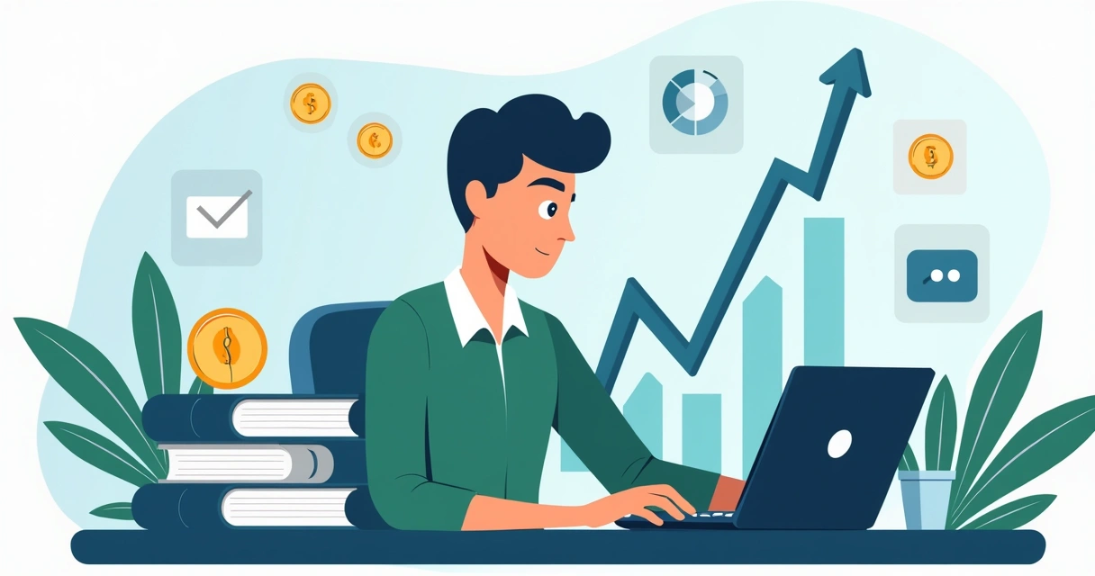 Jovem estudando investimentos com gráficos ao fundo 
