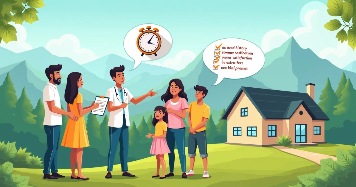 Família discutindo sobre investimento em multipropriedade com corretor próximo a uma linda propriedade.