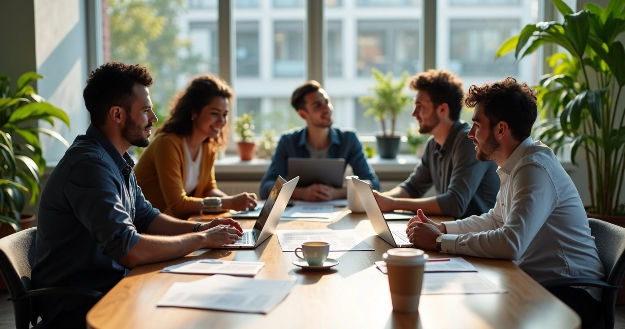 Sala com jovens profissionais em roda discutindo estratégia empreendedora 