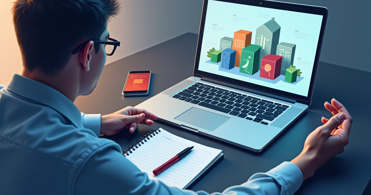 Pessoa analisando frações de imóveis em tela de computador 