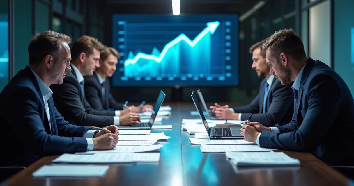 Executivos em reunião analisando gráficos de crescimento em mesa de madeira 
