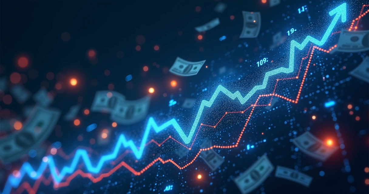 Gráfico de CapEx em IA, altas de bolsa e dólar americano moderno 