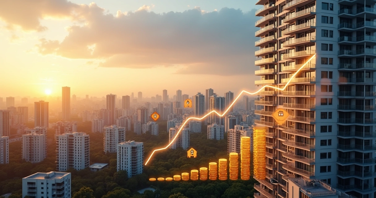 Cidade ao entardecer com prédio em destaque, moedas douradas e gráfico de juros em queda 