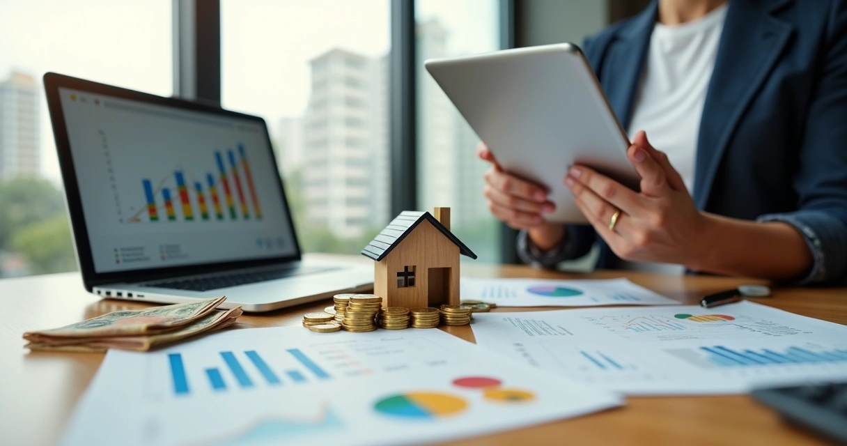 Investidor analisa imóvel residencial em miniatura ao lado de gráficos de rentabilidade e moedas 