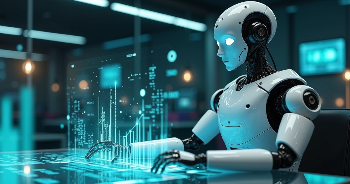 Robô futurista analisando gráficos financeiros digitais em tela holográfica azul e verde 