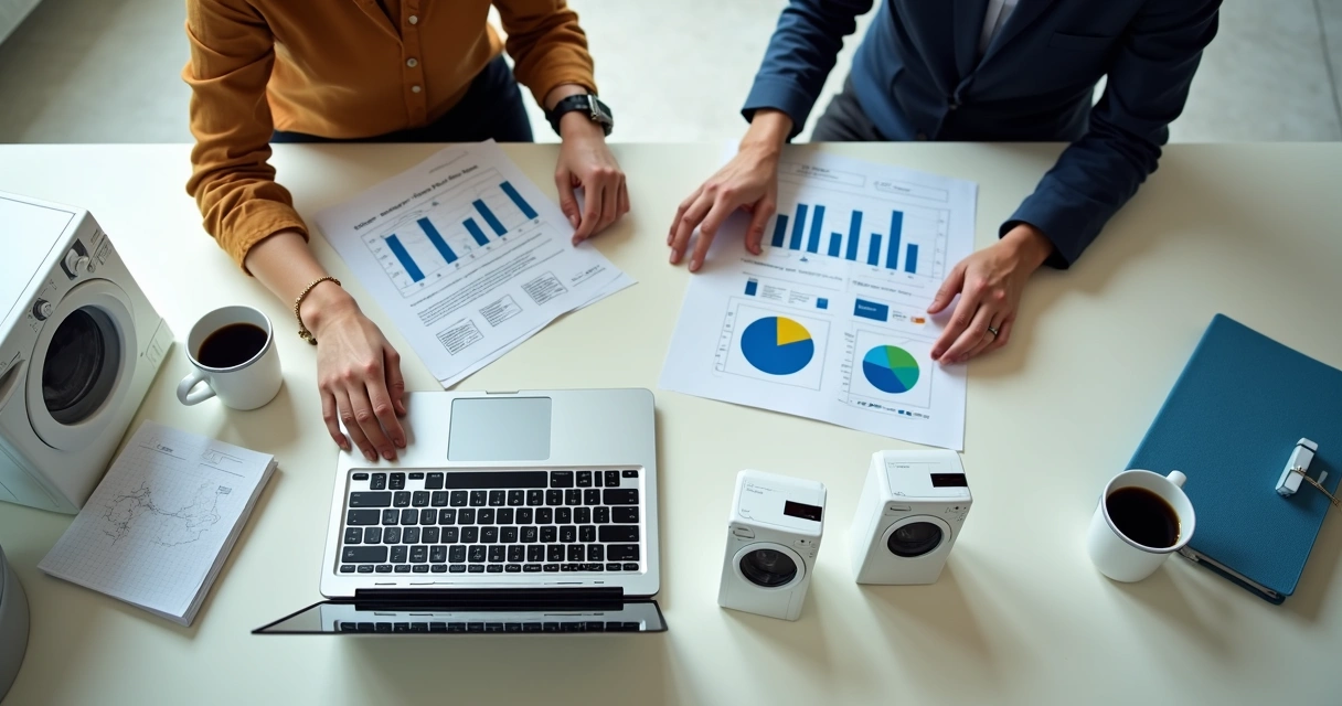 Equipe analisando planilha de custos e máquinas de lavanderia 