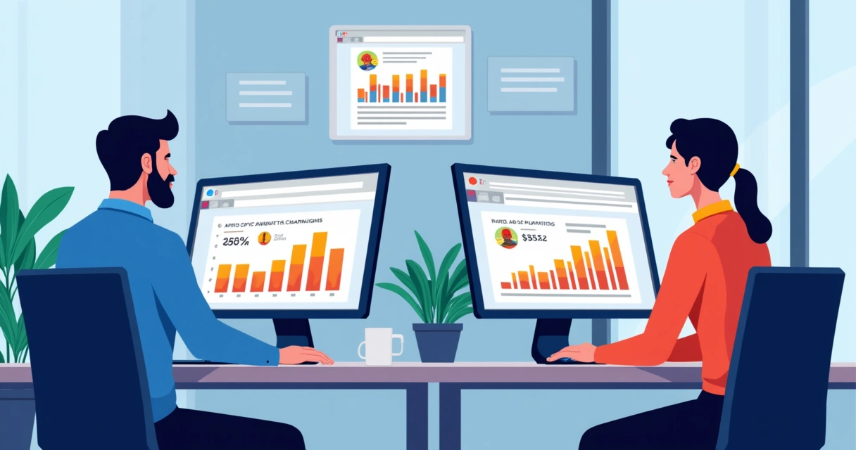 Campanhas digitais de mídia paga no computador, mostrando gráficos coloridos de desempenho 