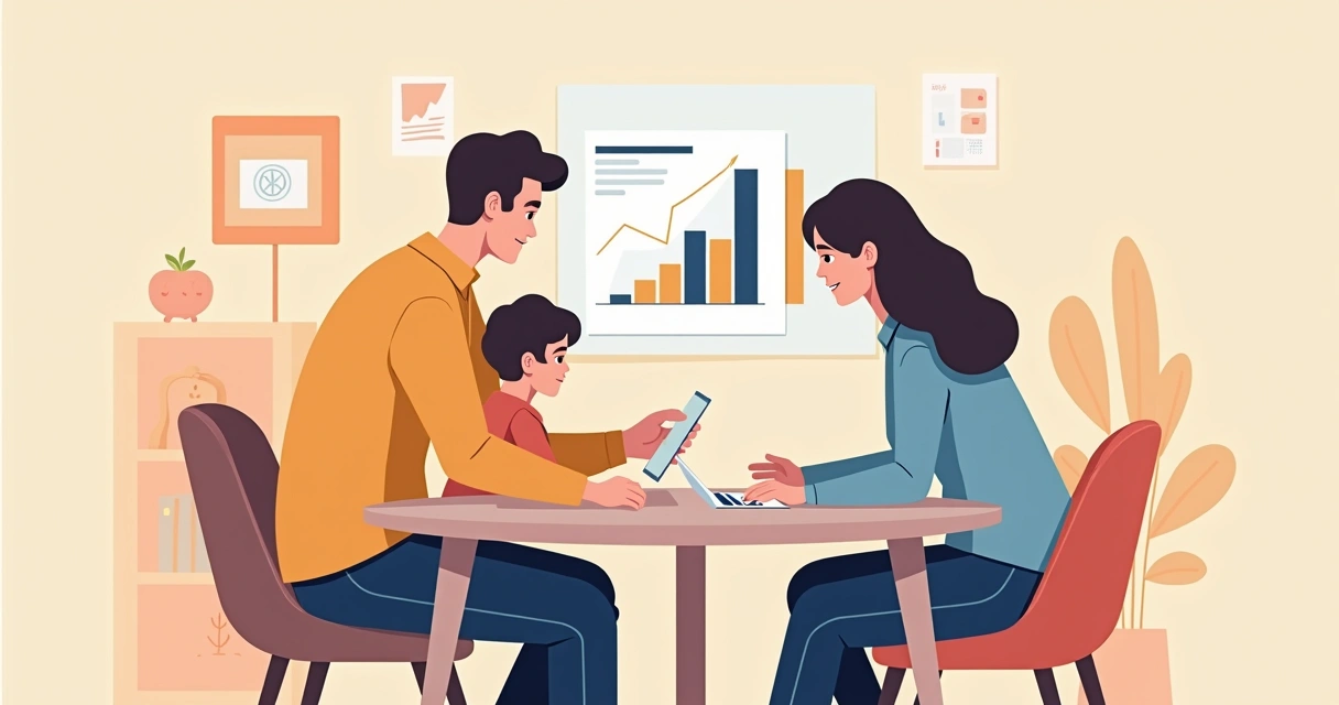 Mesa com pai, mãe e criança olhando gráfico financeiro digital ao fundo 