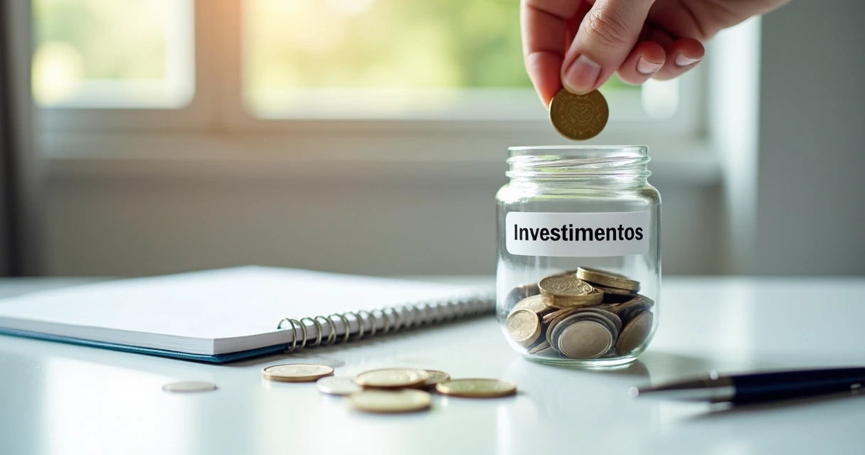Mão colocando moeda em pote de vidro com etiqueta investimentos