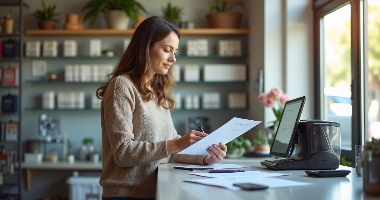 Empresária avaliando compra de novo equipamento para o negócio 