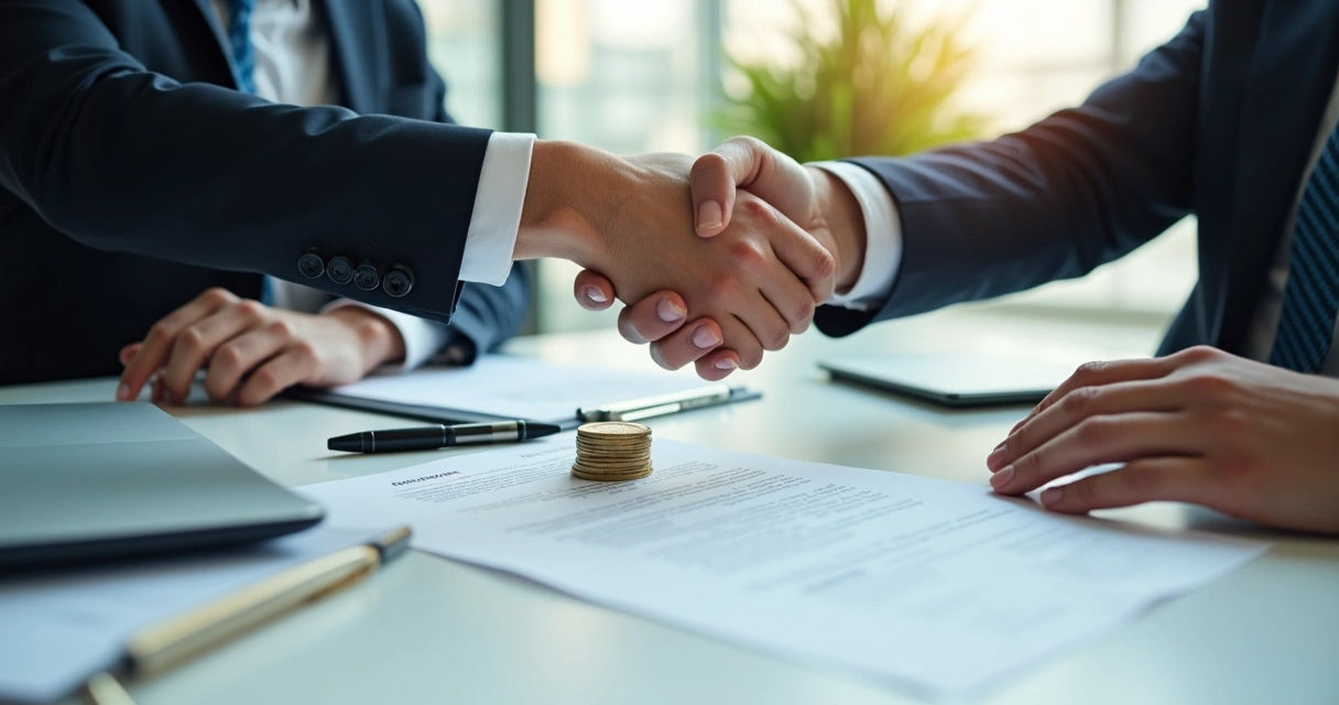 Duas pessoas apertando as mãos em cima de contrato e dinheiro