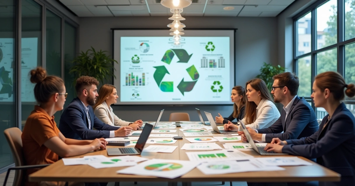 Pessoas em reunião analisando documentos e projetos sobre reciclagem em ambiente corporativo iluminado e moderno 