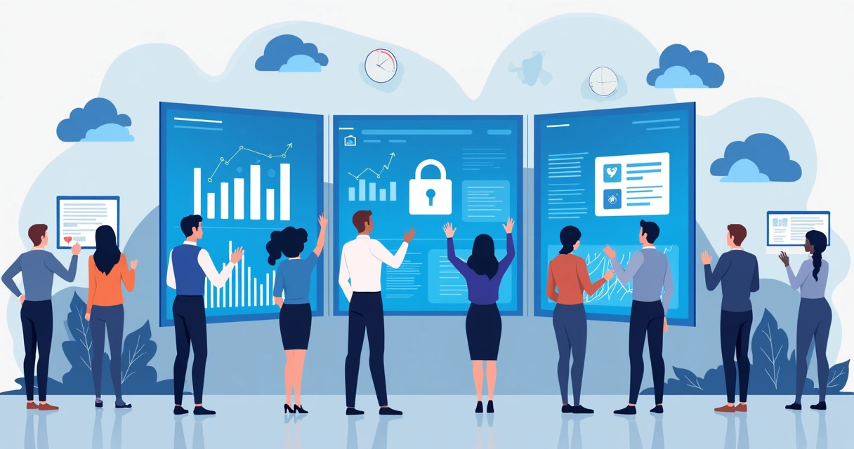 Equipe trabalhando em tecnologia bancária moderna