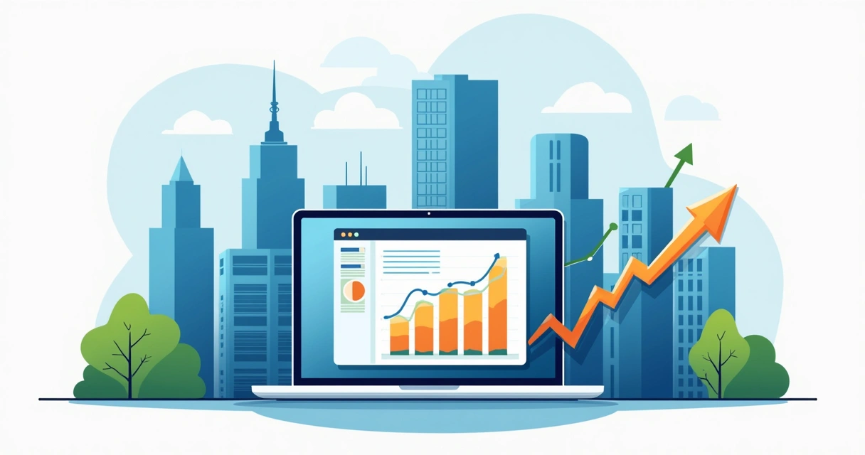 Gráfico subindo sobre prédios ao redor de um laptop de tecnologia 