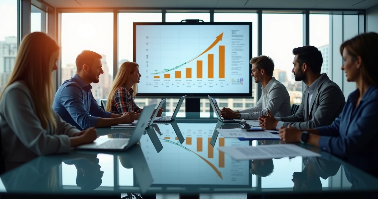 Reunião empresarial com investidores e empreendedores analisando gráficos de crescimento em ambiente moderno 