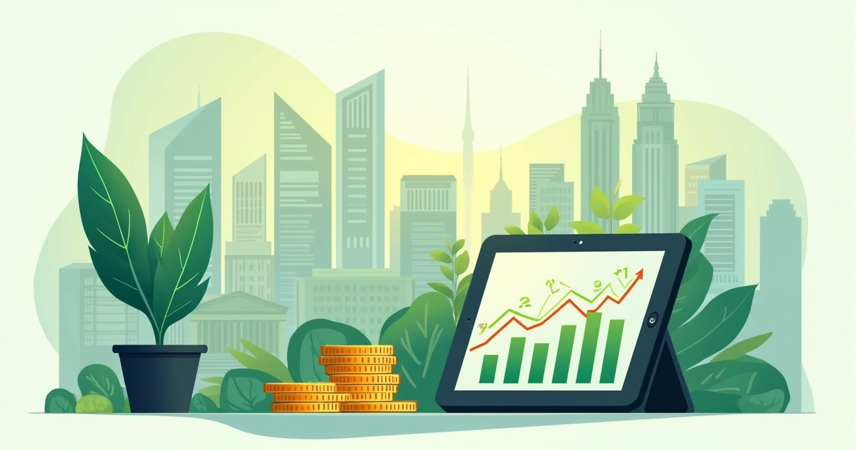 Ilustração de uma cena de investimento para 2025 com tablet, gráficos e símbolos de crescimento.
