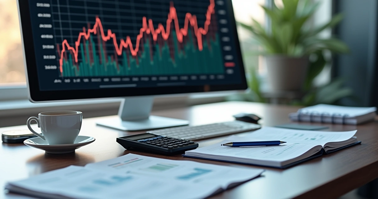 Mesa de escritório com documentos financeiros, calculadora, cadernos e uma tela de computador exibindo gráficos de investimentos estáveis e de baixo risco 