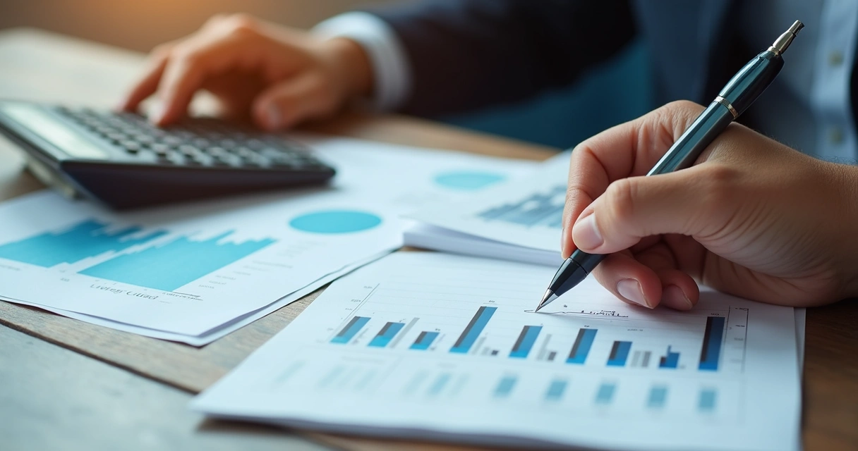 Mesa de escritório com calculadora, notas de dinheiro, gráficos financeiros e uma mão segurando uma caneta para planejar investimentos seguros 