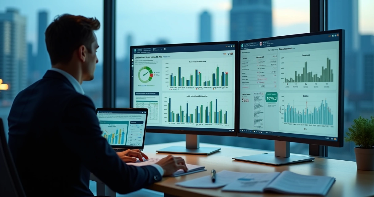 Gestor financeiro analisando gráficos de fluxo de caixa e investimentos de curto prazo em escritório moderno 