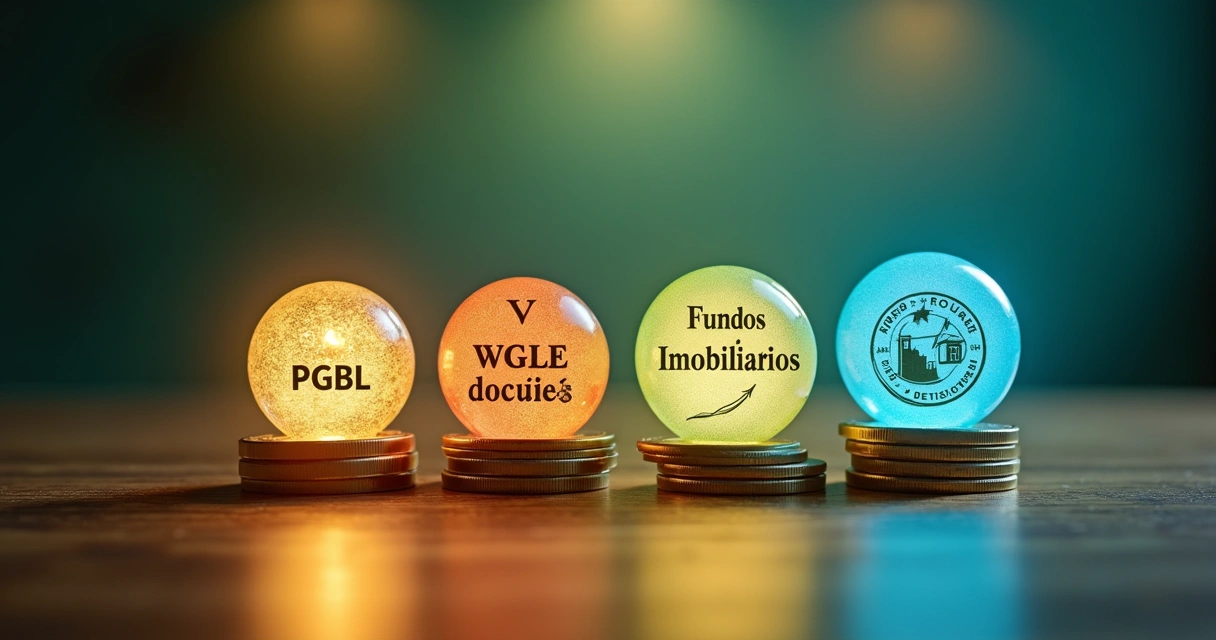 Mesas de madeira com frascos representando investimentos: PGBL, VGBL, Doações e Fundos Imobiliários.