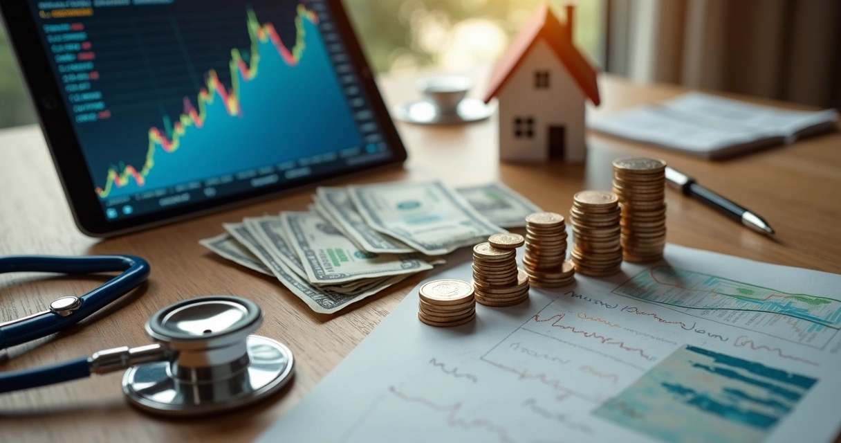 Diversos ativos financeiros lado a lado, como moedas, gráficos e imóveis 