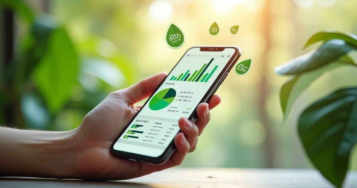 Tela de smartphone mostrando aplicativo de banco digital com gráficos de investimentos sustentáveis e ícones verdes de ESG ao redor 