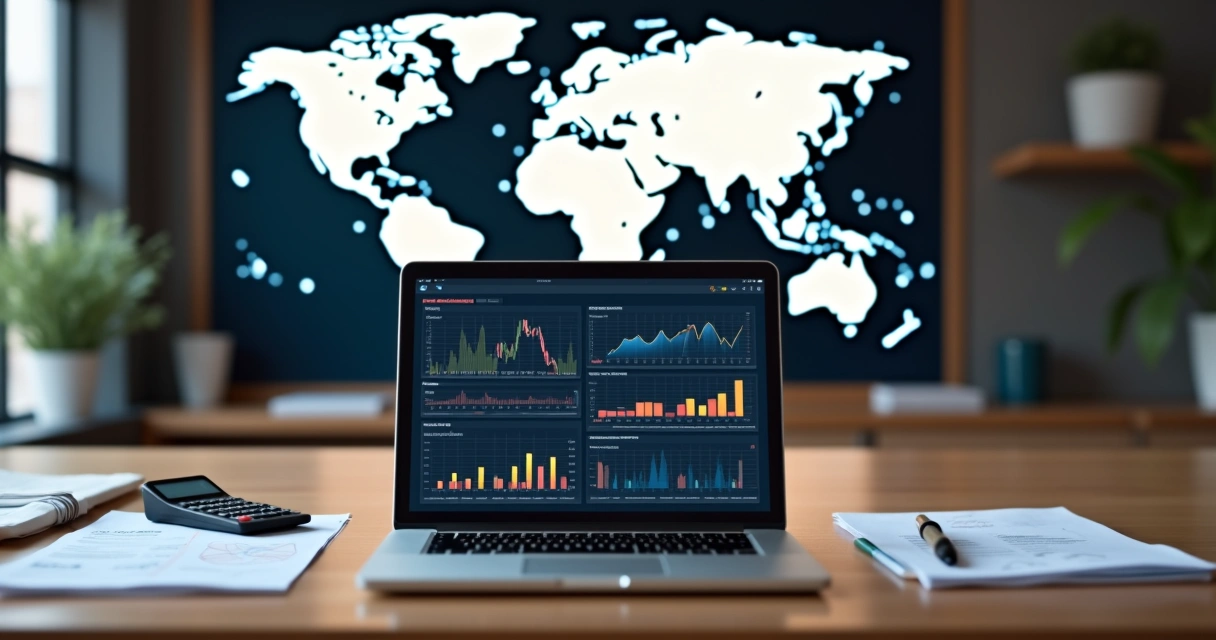 Mesa de escritório com documentos financeiros, laptop aberto mostrando gráficos de investimentos e mapa mundi ao fundo 