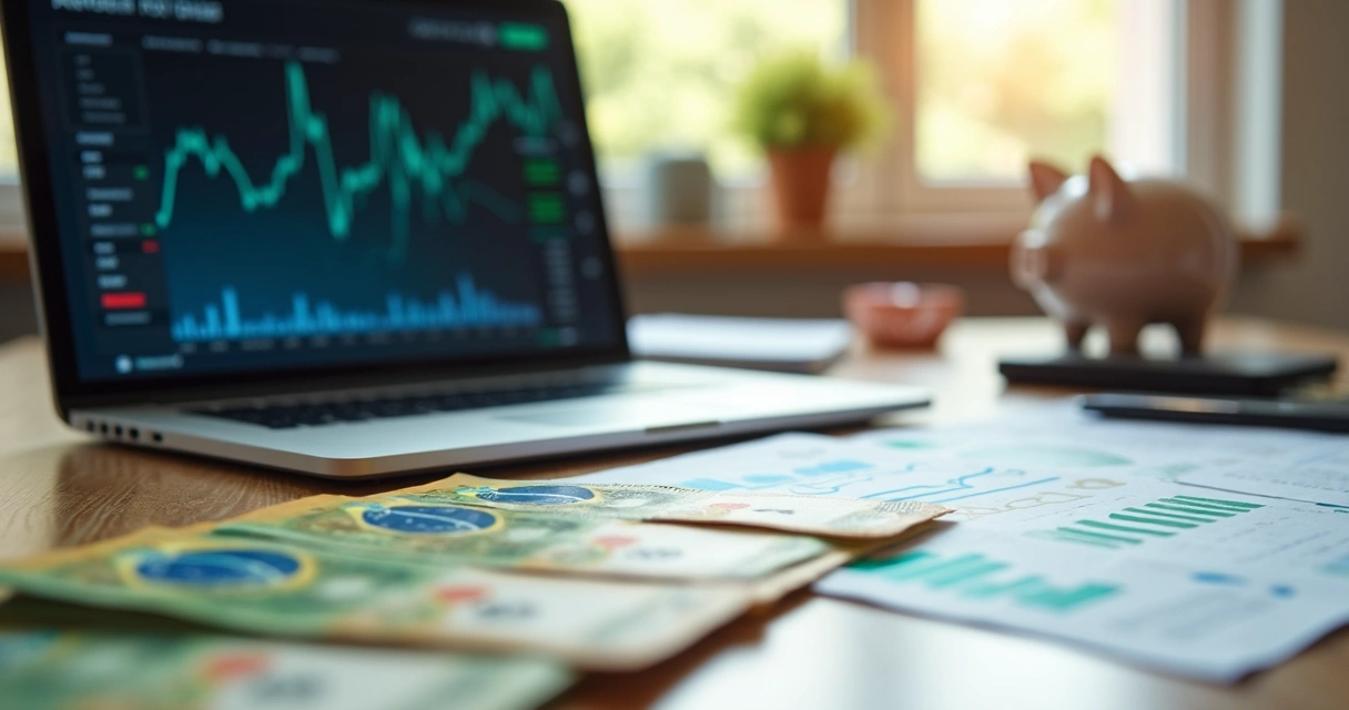 Mesa com diferentes cédulas de dinheiro, documentos financeiros e um cofrinho, simbolizando investimentos seguros com garantia do FGC 