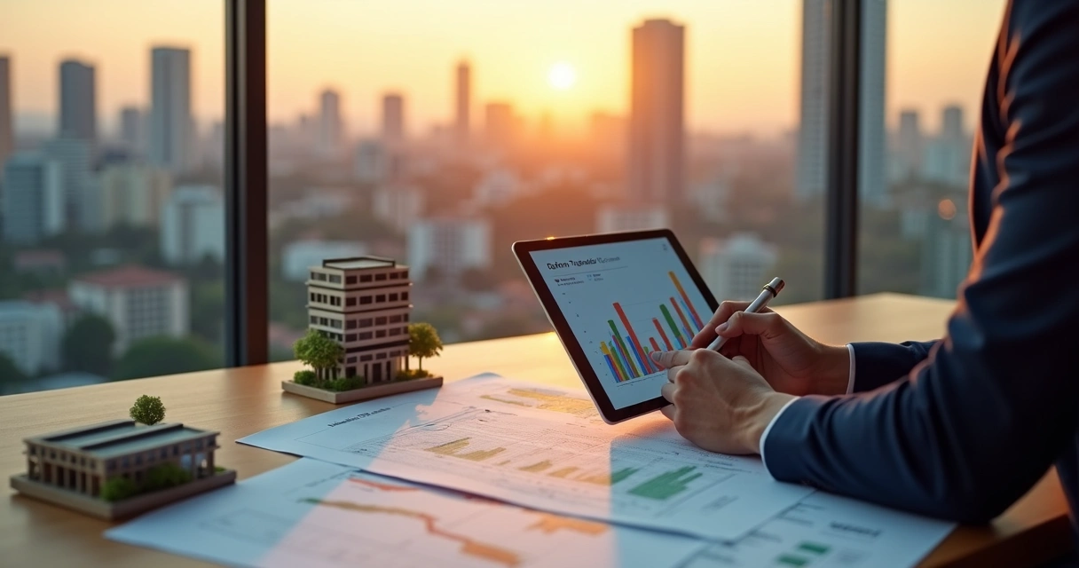 Investidor analisando gráficos e imóveis diante de cenário de reforma tributária 