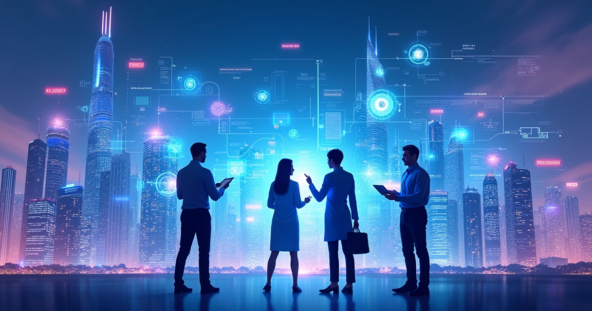 Ilustração sobre investimentos em inteligência artificial, destacando colaboração em saúde, educação e finanças.