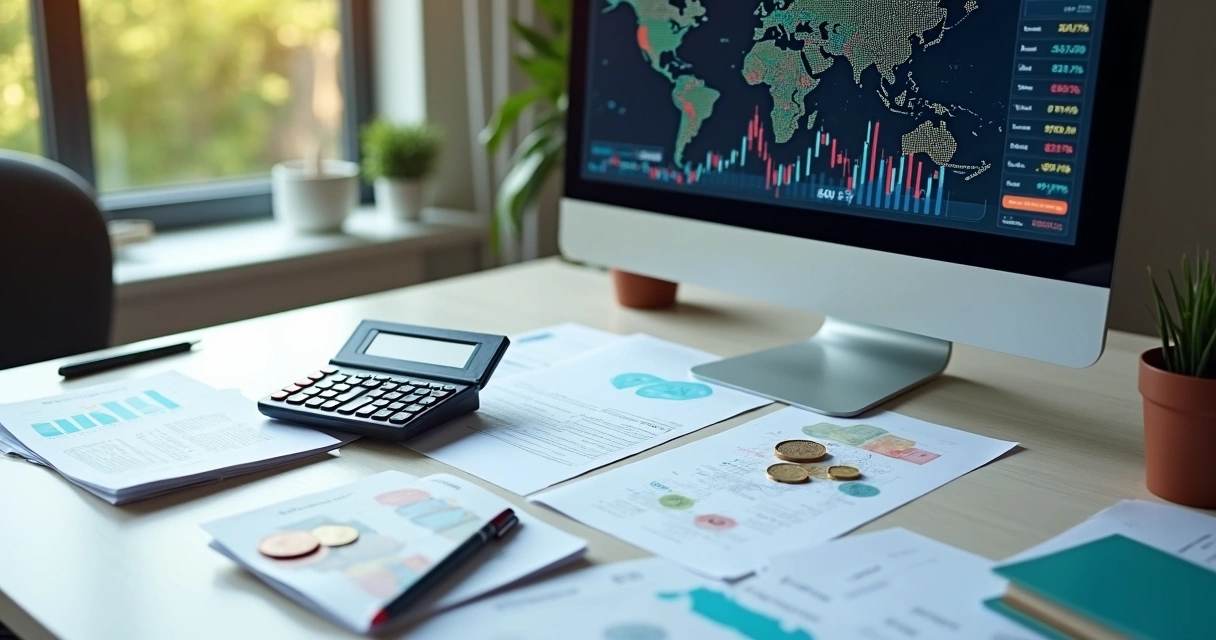 Carteira de investimentos internacional com gráficos e moedas 