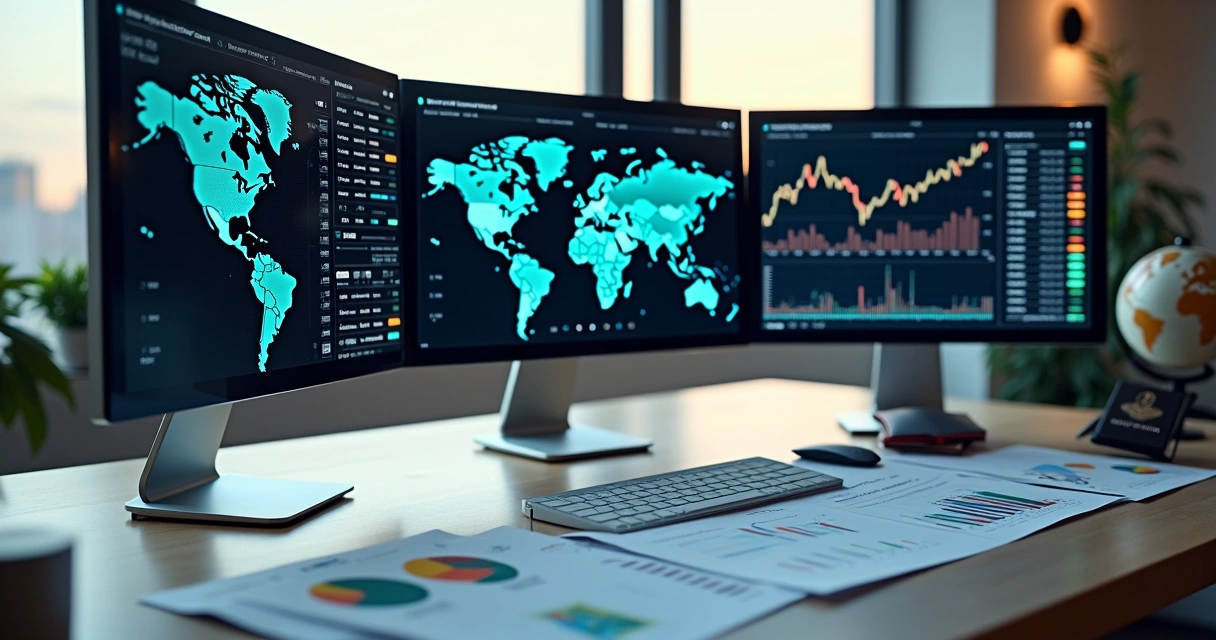 Diversificação de investimentos em mercados globais, com gráficos e moedas 