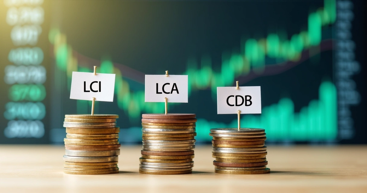 Três pilhas de moedas com etiquetas LCI, LCA e CDB sobre mesa de madeira clara com fundo desfocado de gráficos financeiros 