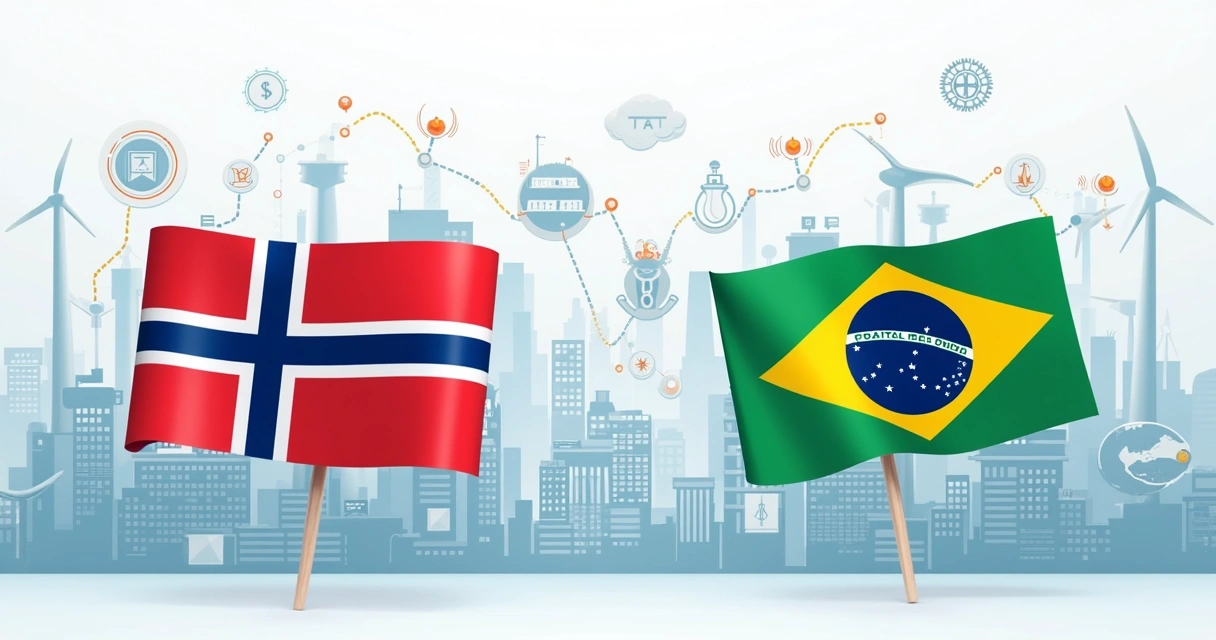 Infográfico com bandeiras da Noruega e do Brasil lado a lado, com setas indicando fluxo de capitais e gráficos de crescimento 