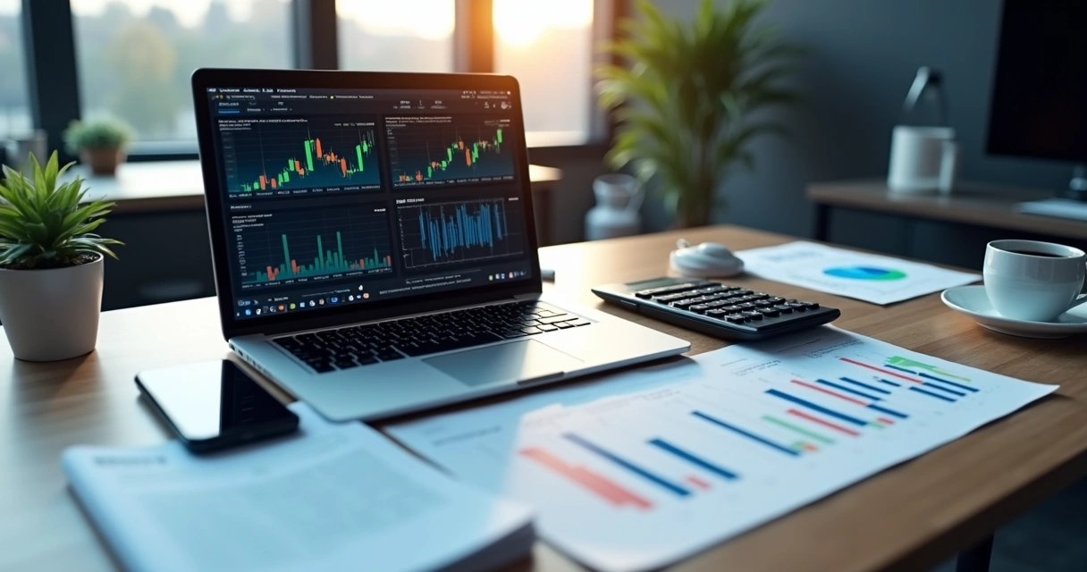 Mesa de escritório organizada com gráficos financeiros em computador, cadernos e calculadora representando investimentos em renda fixa 