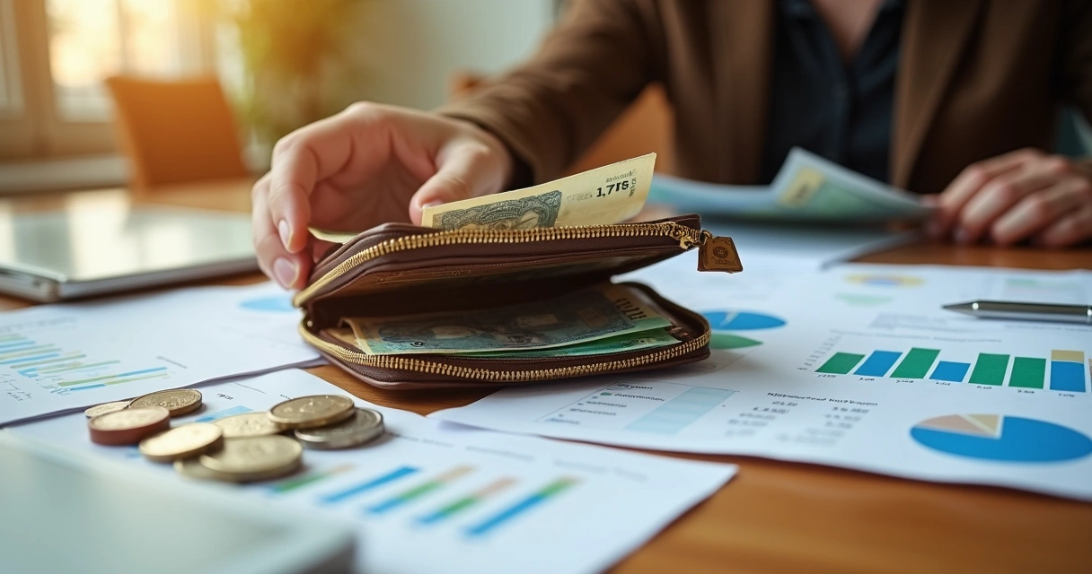 Carteira aberta sobre a mesa, com notas, títulos, moedas, gráficos de investimentos e caneta ao lado. 