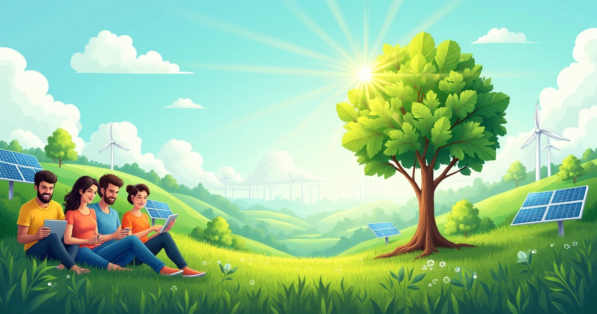 Ilustração de paisagem verde com árvores de investimento e pessoas analisando dados sobre sustentabilidade.