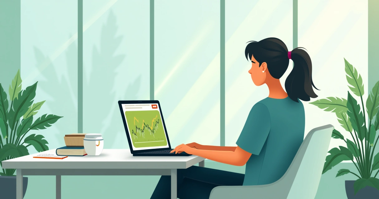 Pessoa analisando investimentos em Tesouro RendA+ em laptop em ambiente tranquilo com café e plantas.