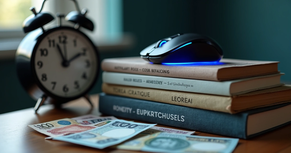 Dinheiro, relógio e livros empilhados representando investimento em aprendizado no Forex 