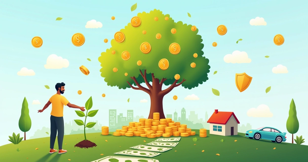 Ilustração de uma árvore de investimentos com moedas douradas, casa e carro, simbolizando crescer patrimônio.