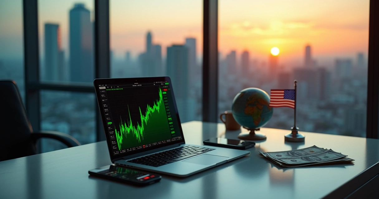 Investidor brasileiro analisando gráficos em dólar no notebook com bandeira dos EUA ao fundo 