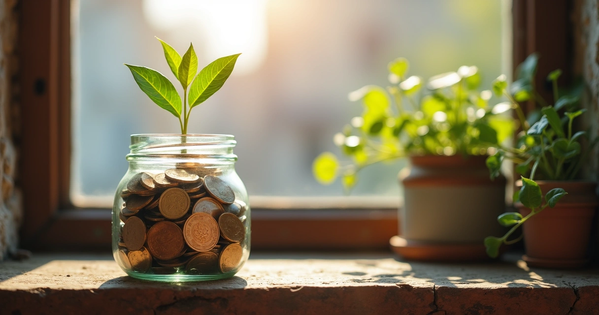 Young plant growing out of coins in glass jar.