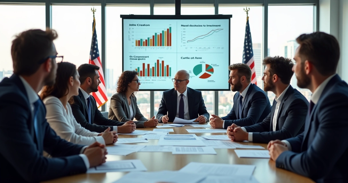 Businesspeople reviewing investment documents at a conference table 