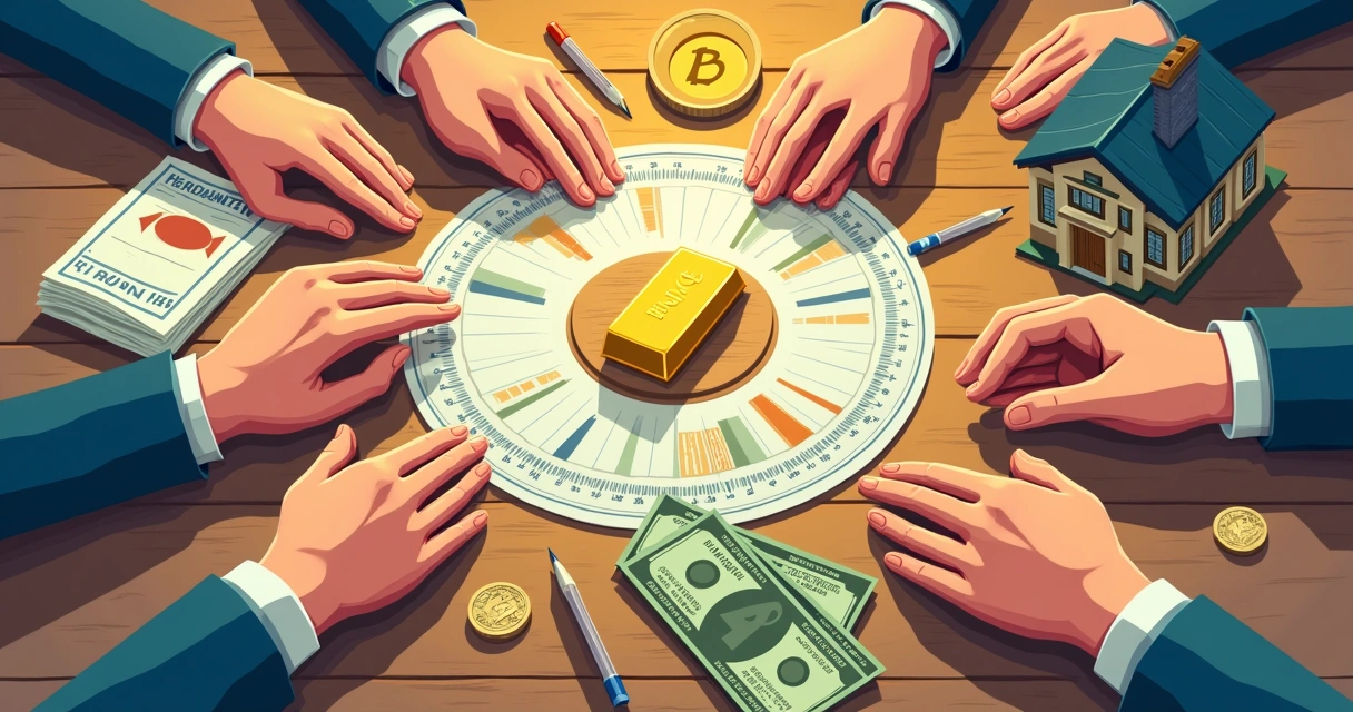 Drawing of many hands holding various investment options in a circle, including stocks, real estate, gold, and digital assets.