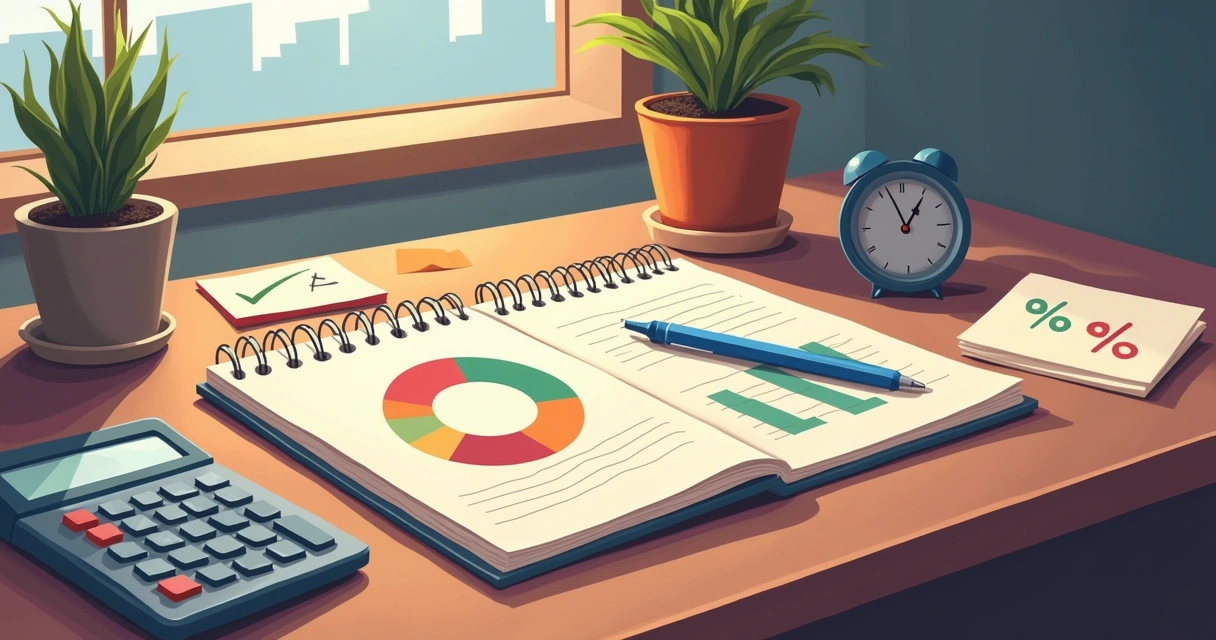 Investment plan notebook with pie charts, pen, and calculator