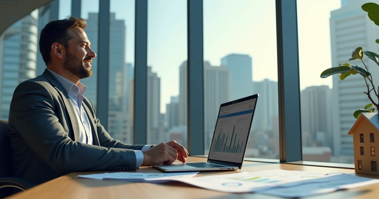 Man analyzing real estate investment paperwork at a desk 