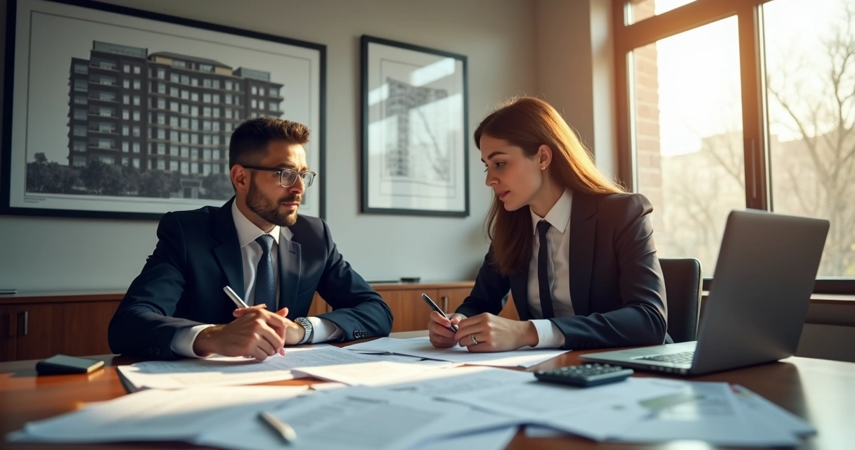 Loan officer, investor and documents on desk discussing property financing