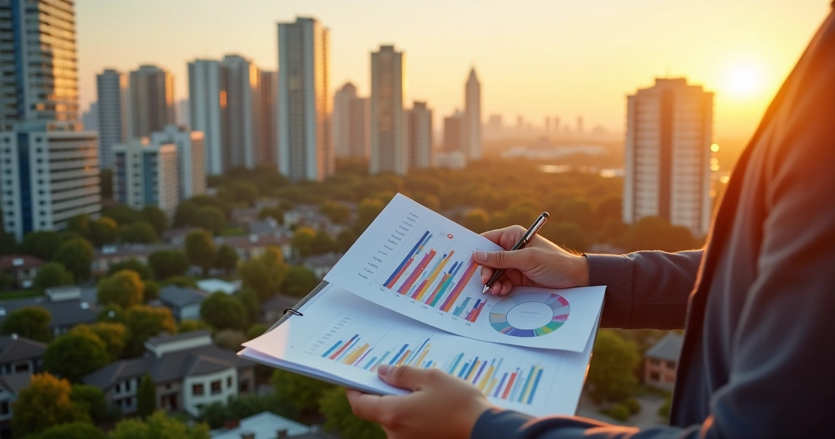 Downtown view with modern condos and houses, a person reviewing investment charts by the window 