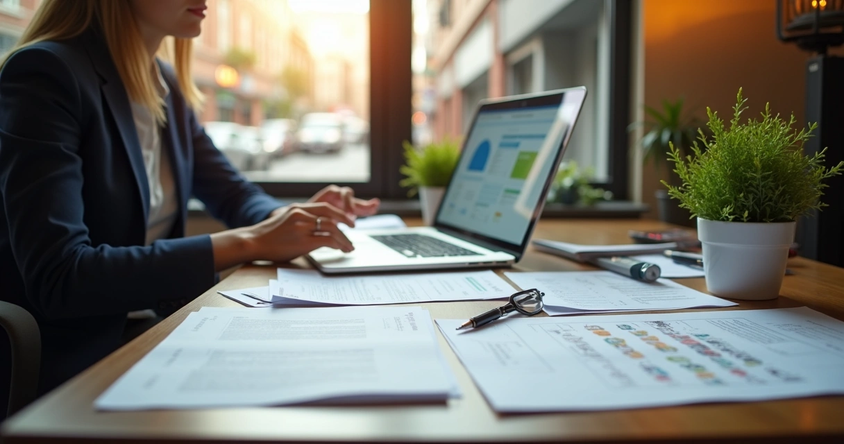 Small business owner working at a desk with startup investment receipts 