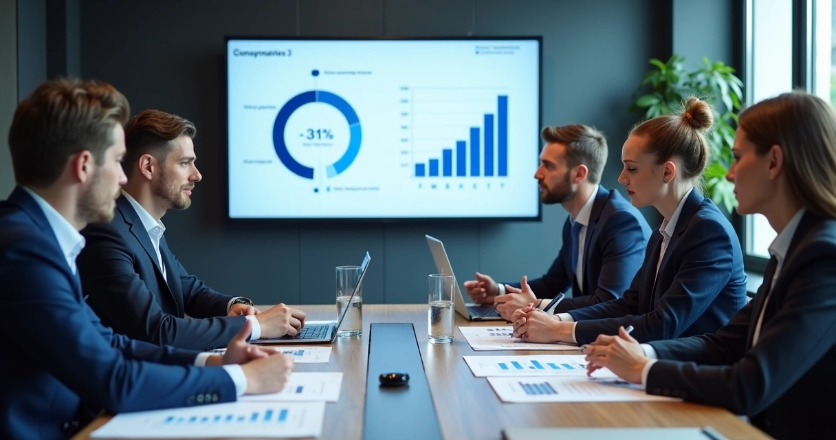 Investment team reviewing market size and revenue growth charts in a meeting